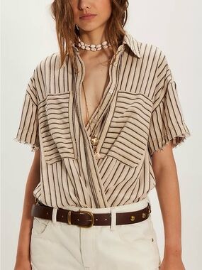 We The Free Christopher Shirt Oversize XS-S Cotton Linen Stripe Button Down RARE